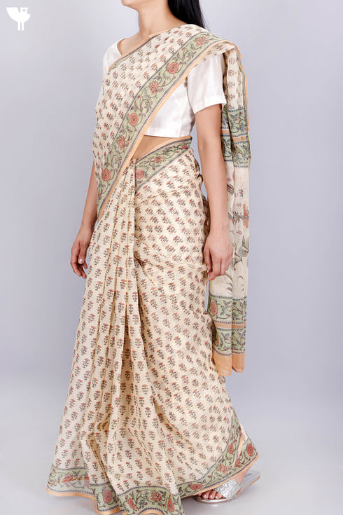 Kota Doria Saree In Floral Block Print